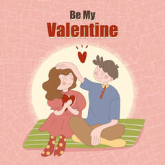 Happy Valentines Day 14 February illustration. Romantic happy loving couple. Vector illustration