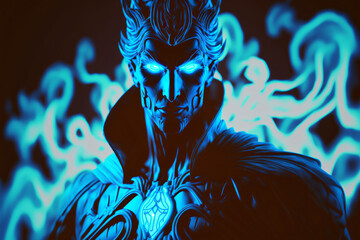 blue cyborg assassin with glowing eyes and a black dark hood, generative ai