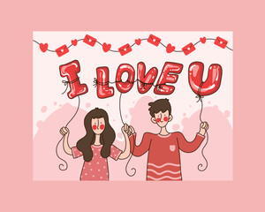 Valentine's day card, couple hodign I love you balloon blooming in there hands- cute greeting for the celebration of love and romance