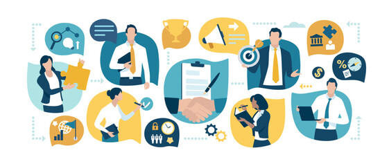 Business life vector illustration.  Business people standing in the speech bubbles between business icons. 