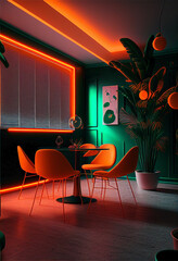 Orange and green glowing neon lights in a contemporary apartment with luxury architecture. Trendy futuristic interior design. Ai generated.