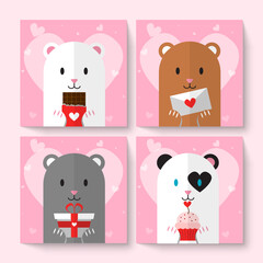 Happy love day. Set of cute creative cards with funny cats in love. Vector design templates for valentines, greeting and gift cards, flyers, posters.