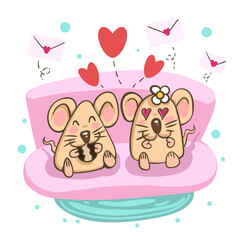 Romantic greeting card with two rates. Vector Illustration of cute loving couple. Card about friendship and love. Valentine s Day card, poster or print template.