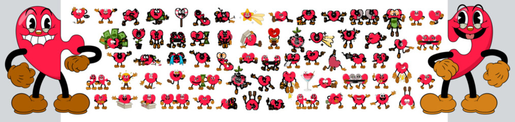 Mega set of comic red hearts characters in retro cartoon style on valentine day holiday. Cute comic hearts with funny faces emoticons in cartoon style for any life situation.