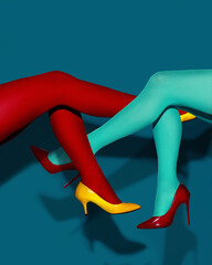 Contemporary art collage. Female Legs in colorful tights and heeled shoes over dark blue...