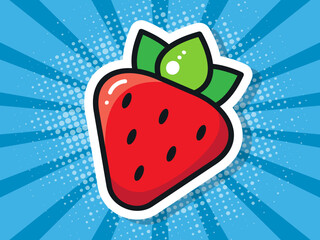Sticker red strawberries on a blue background. Pop art poster. Vector illustration