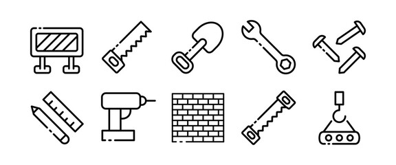 Fototapeta na wymiar Repair line icons set. Dig, soil, search, earth, metal, pit, strength, drill, wall, level, nail, saw, crane, drawing, sign. construction concept. Vector black line icons set on white background