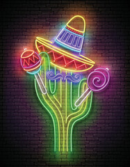 Glow Mexican cactus in sombrero with marocas. Cute singer, mariachi. Shiny Neon Poster, Flyer, Banner, Postcard, Invitation. Brick Wall. Vector 3d Illustration