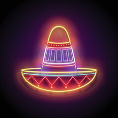 Glow Sombrero, Ethnic Mexican Culture. Day of the Dead, Dia de los Muertos, Cinco de Mayo Holidays. Shiny Neon Poster, Flyer, Banner, Postcard, Invitation. Glossy Background. Vector 3d Illustration
