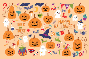 Big Collection of Halloween Elements. Pumpkins, Zombie and Ghosts, Spiders and Bats, Witchcraft and Lot of Deco Elements.  Hand Drawn Style. Vector Illustration