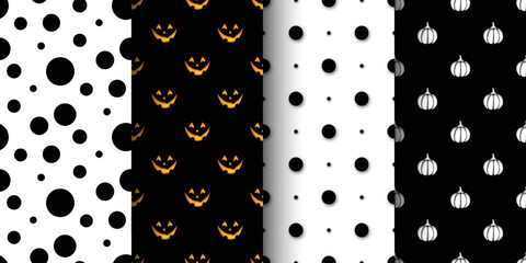Collection of Halloween Patterns with Simple Geometrical Forms and Holiday Elements. Decorative Design for Prints, Fabrics, Wallpapers etc. Abstract Art. Modern Style. Vector 3d Illustrations