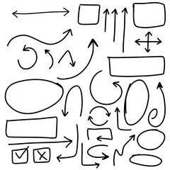 Arrows and abstract doodle shapes writing vector design set, black