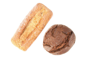 Freshly baked traditional rye bread and ciabatta on white background