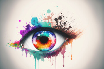 Close up of a colorful female eye on white background. Rainbow colors paint drops from eyelashes, fashion, make up. AI generative