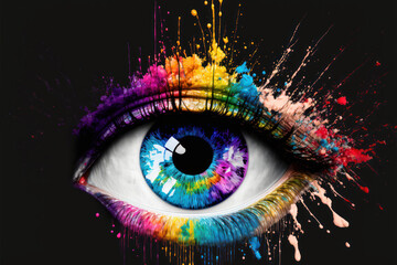 Close up of a colorful female eye on black background. Rainbow colors paint drops from eyelashes, fashion, make up. AI generative
