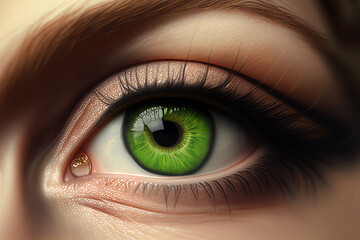 Fototapeta na wymiar Green eye iris, close up of a female eye. Eyelashes and brown eyebrow, natural color make up. AI generative