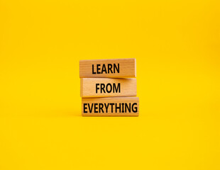 Learn from Everything symbol. Concept words Learn from Everything on wooden blocks. Beautiful yellow background. Business and Learn from Everything concept. Copy space.