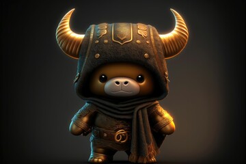Cute ox in warrior mascot costume on black background. 12 Chinese zodiac signs horoscope concept. Generative AI - obrazy, fototapety, plakaty