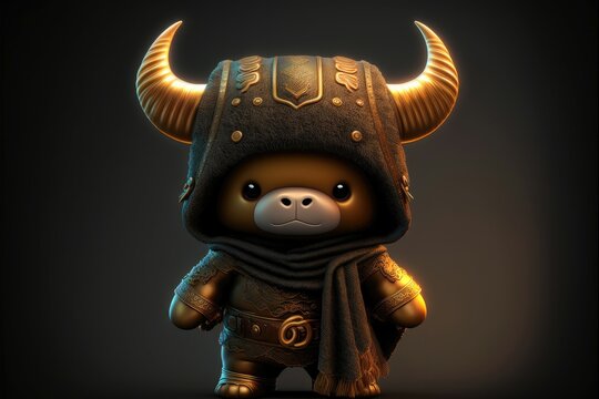 Cute ox in warrior mascot costume on black background. 12 Chinese zodiac signs horoscope concept. Generative AI
