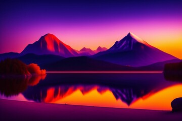 Fototapeta premium Cinematic, realistic 8k+ image, dark aura, with a mountain in the background with a large gate. The purple and orange sky.