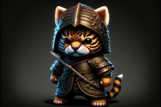 Cute tiger in warrior mascot costume on black background. 12 Chinese zodiac signs horoscope concept. Generative AI