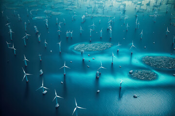 renewable energy with many wind turbines farm offshore on the sea. generative ai