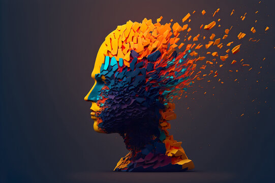 Beautiful Colorful Exploding Face Silhouette. Mindset on Ceativity and Positive Energy in your Head. Digital Art Illustration.