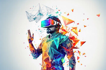 Obraz premium generative ai illustration holographic low poly man with vr headset