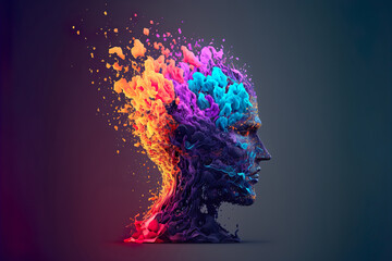 Beautiful Colorful Exploding Face Silhouette. Mindset on Ceativity and Positive Energy in your Head. Digital Art Illustration.