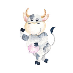 Cute baby cow. Isolated on white background. Watercolor hand drawn illustration. Perfect for kids cards and posters, clothes prints, stickers, alphabet design.