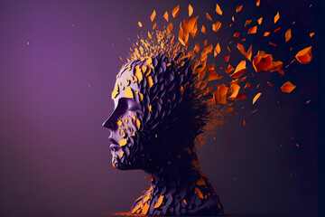 Beautiful Colorful Exploding Face Silhouette. Mindset on Ceativity and Positive Energy in your Head. Digital Art Illustration.