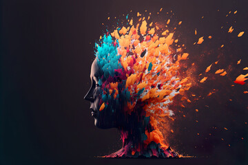 Beautiful Colorful Exploding Face Silhouette. Mindset on Ceativity and Positive Energy in your Head. Digital Art Illustration.
