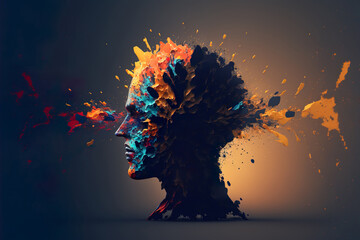 Beautiful Colorful Exploding Face Silhouette. Mindset on Ceativity and Positive Energy in your Head. Digital Art Illustration.