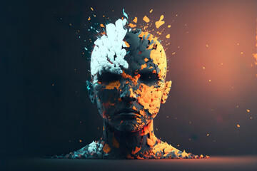 Beautiful Colorful Exploding Face Silhouette. Mindset on Ceativity and Positive Energy in your Head. Digital Art Illustration.