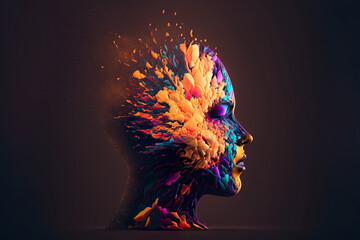 Beautiful Colorful Exploding Face Silhouette. Mindset on Ceativity and Positive Energy in your Head. Digital Art Illustration.