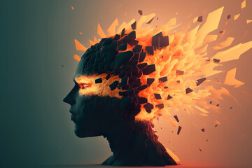 Beautiful Colorful Exploding Face Silhouette. Mindset on Ceativity and Positive Energy in your Head. Digital Art Illustration.