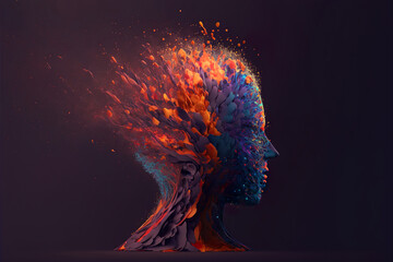 Beautiful Colorful Exploding Face Silhouette. Mindset on Ceativity and Positive Energy in your Head. Digital Art Illustration.