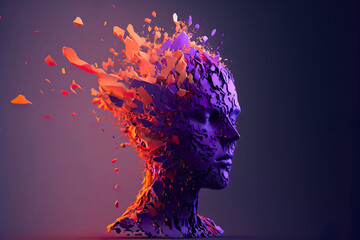 Beautiful Colorful Exploding Face Silhouette. Mindset on Ceativity and Positive Energy in your Head. Digital Art Illustration.