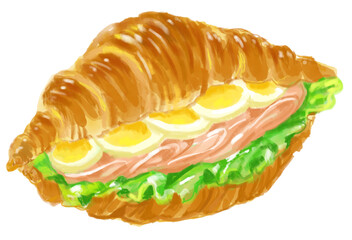 おいしそうなクロワッサンサンドの水彩イラスト(透過PNG)