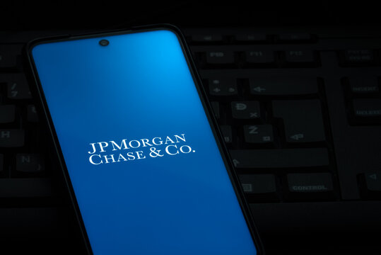 Ljubljana, Slovenia - 21 January 2023: JPMorgan Chase Co. logo on smartphone screen laying on computer keyboard