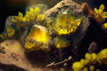 Yellow Sapphire with moss in cave. Close up. Generative AI
