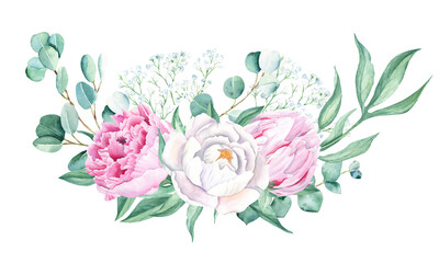 Watercolor bouquet, white and pink peony, eucalyptus and gypsophila branches. Hand painted illustration isolated on white background. Can be used for greeting cards, wedding invitations, save the date