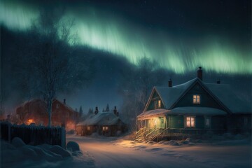House in the Snow and Sky of Aurora. Genarative AI
