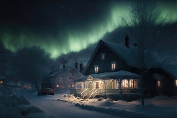 House in the Snow and Sky of Aurora. Genarative AI
