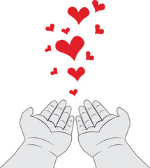 cartoon hand give red heart to another isolated social media concept. Vector illustration