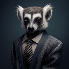 Portrait of a ring-tailed lemur in a suit and tie. Created by AI - obrazy, fototapety, plakaty