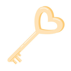 Heart shaped golden key, cartoon isolated illustration.