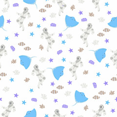 Vector seamless pattern with scuba diver, devilfish, algae, starfish,.Underwater cartoon creatures.Marine background.Cute ocean pattern for fabric, childrens clothing,textiles,wrapping paper