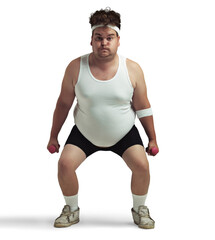 An overweight man squatting and lifting dumbbells isolated on a PNG background.