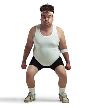 An Overweight Man Squatting And Lifting Dumbbells Isolated On A PNG Background.